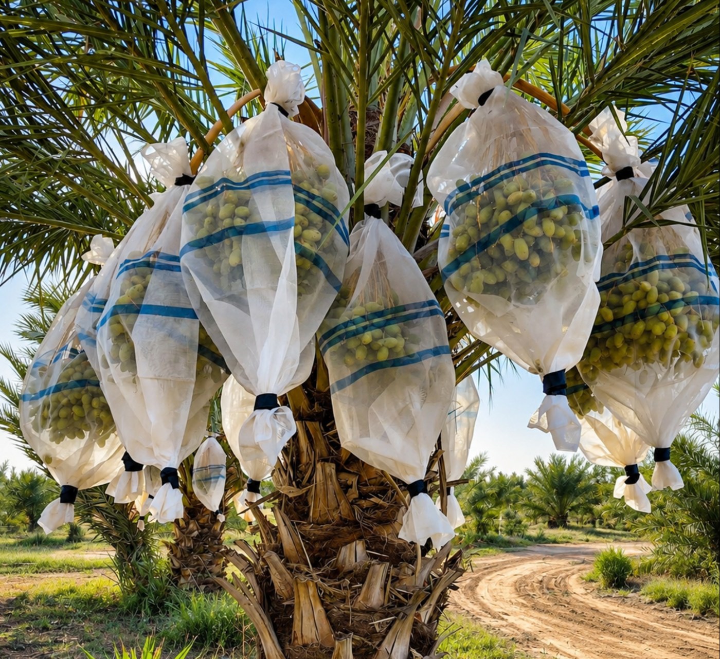 Date palm fruit clusters covered with breathable mesh protection bags in an orchard before harvest